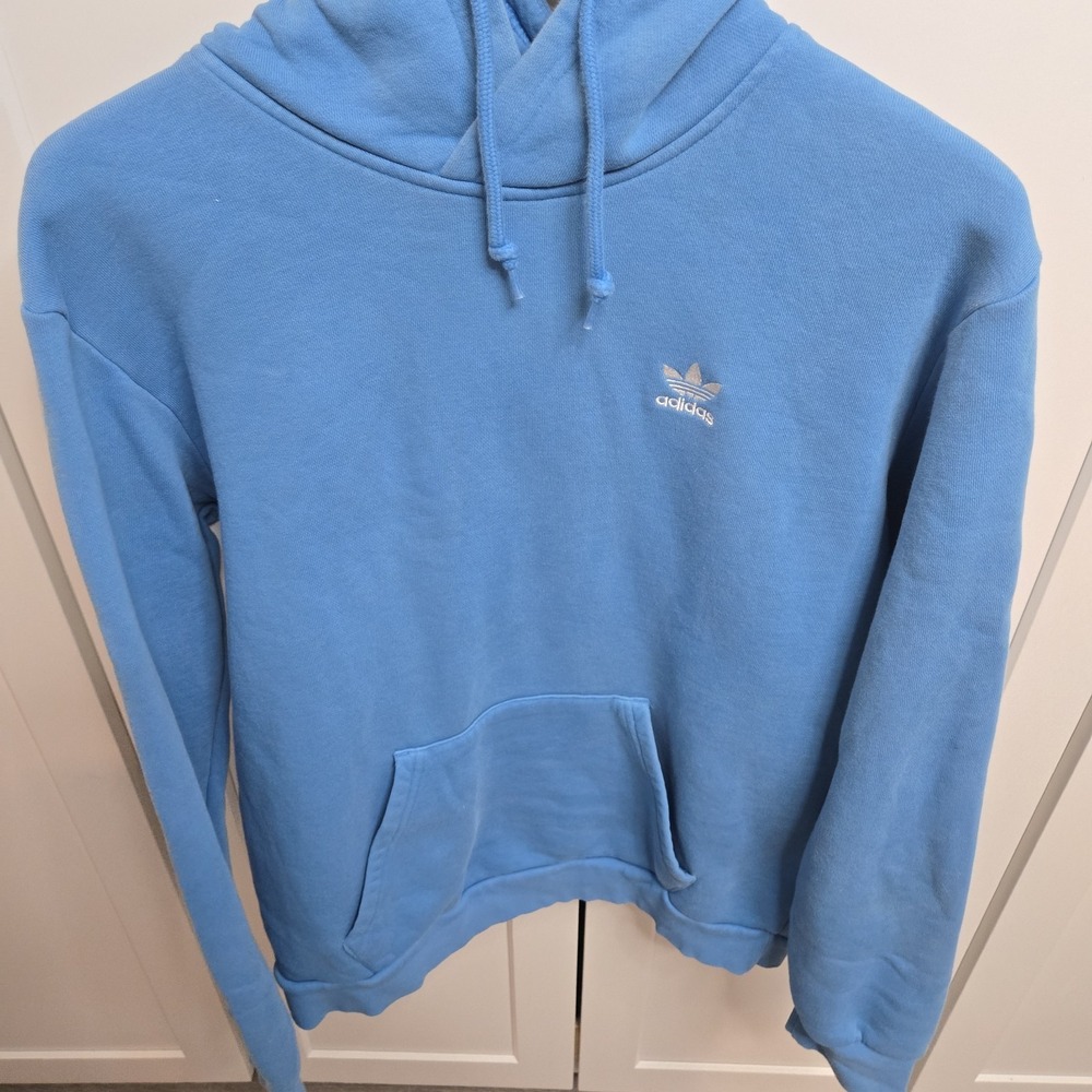 Adidas Light Blue Drawstring Hoodie EUC Mens Medium Oversized Small‎ Logo